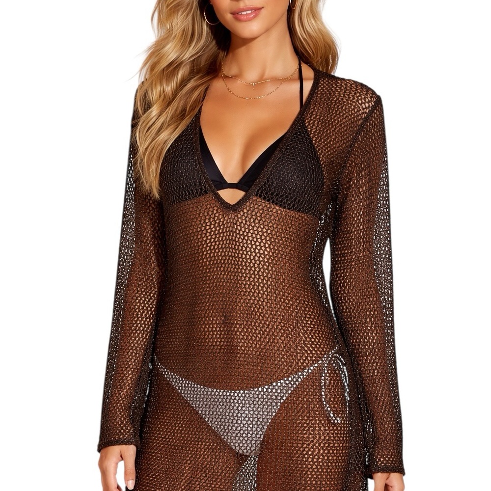 Sheer Metallic Mesh Swim Cover Up Tunic Beach Dress Black Long Sleeve